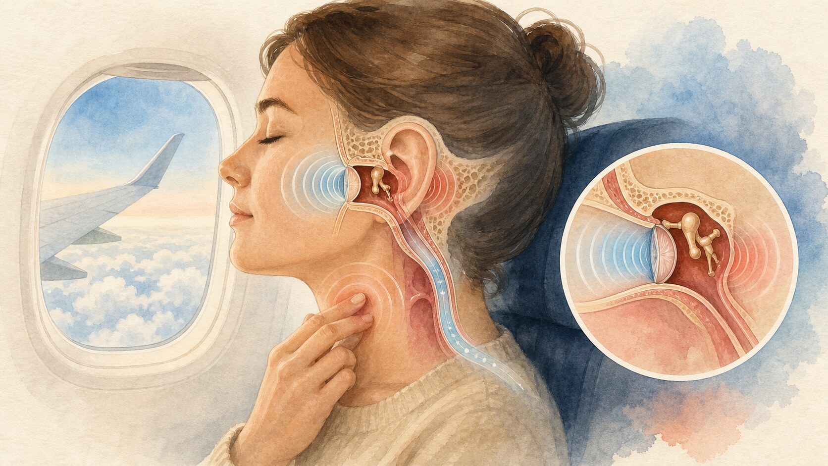 Anatomical illustration of air pressure equalizing through an airplane passenger's Eustachian tube