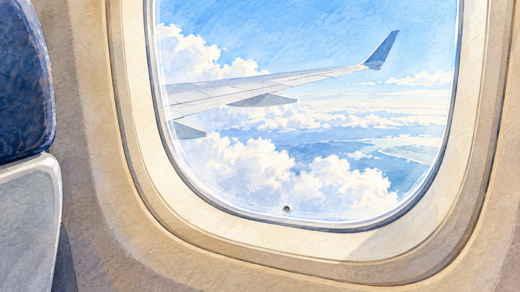 Watercolor view of a tiny vent at the bottom of an airplane cabin window with sky beyond