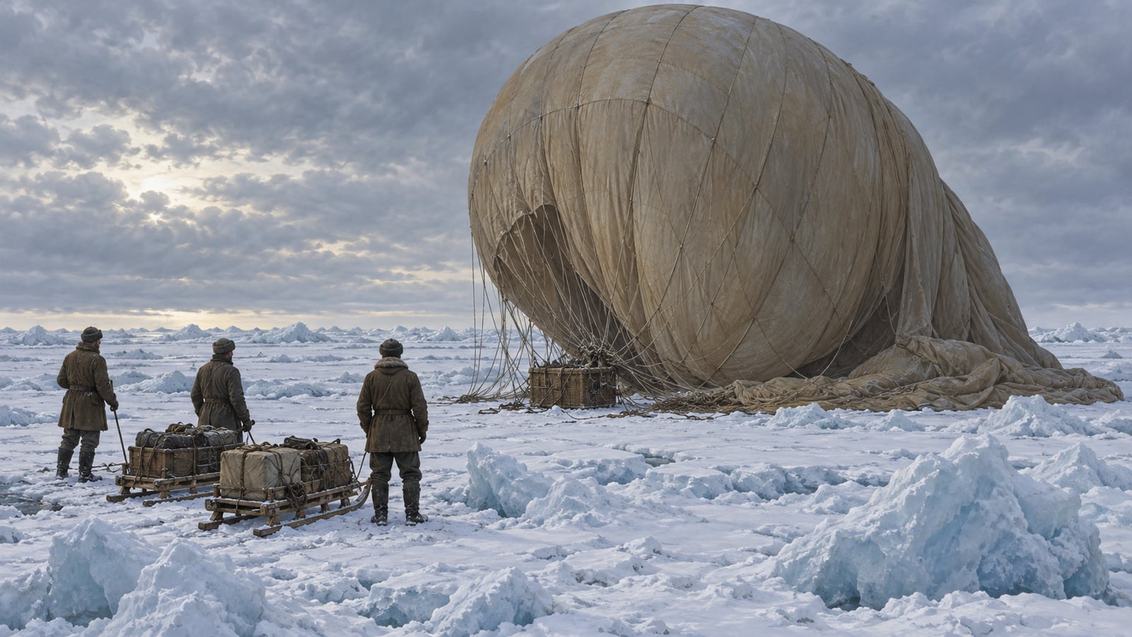 북극의 얼음 위에 내려앉은 탐험 기구와 썰매 옆의 세 사람을 그린 삽화