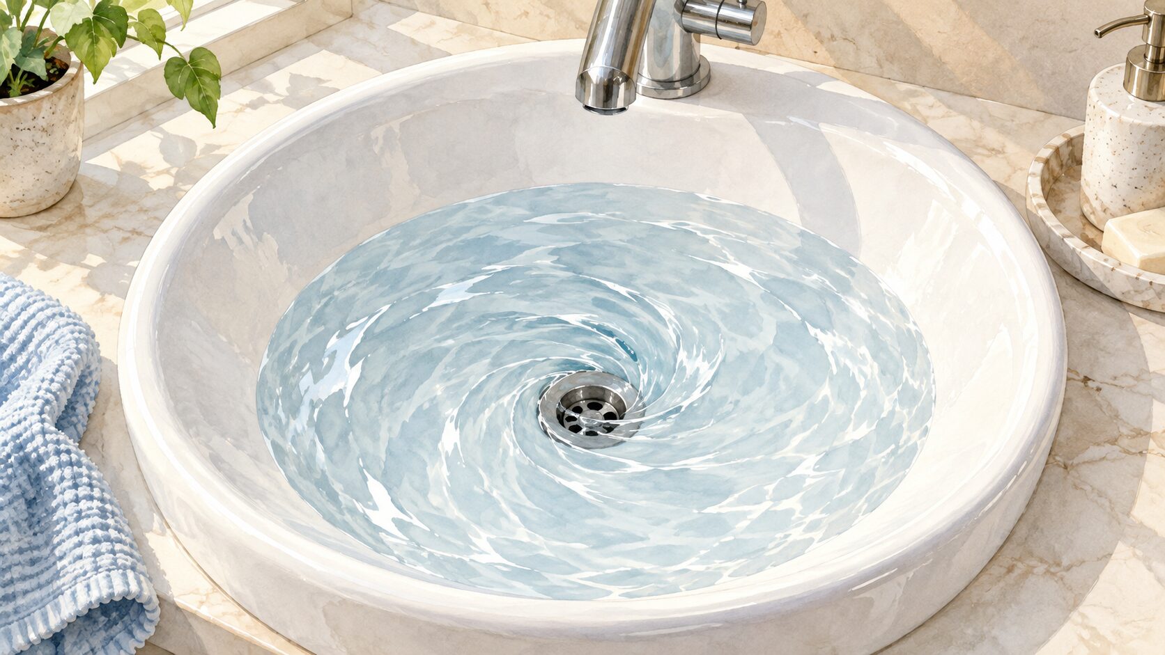 Illustration of water swirling toward a drain in a white basin with the faucet turned off