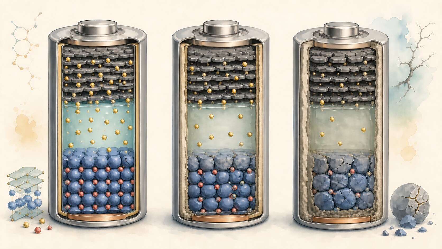 Battery cutaways showing fewer mobile ions and cracked electrode particles after repeated cycling