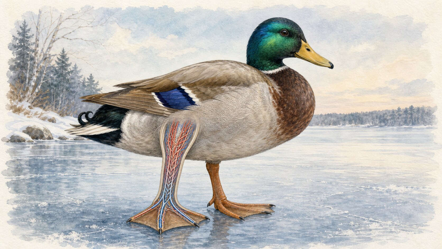 A cutaway of closely paired arteries and veins exchanging heat in a mallard's leg while it stands on ice