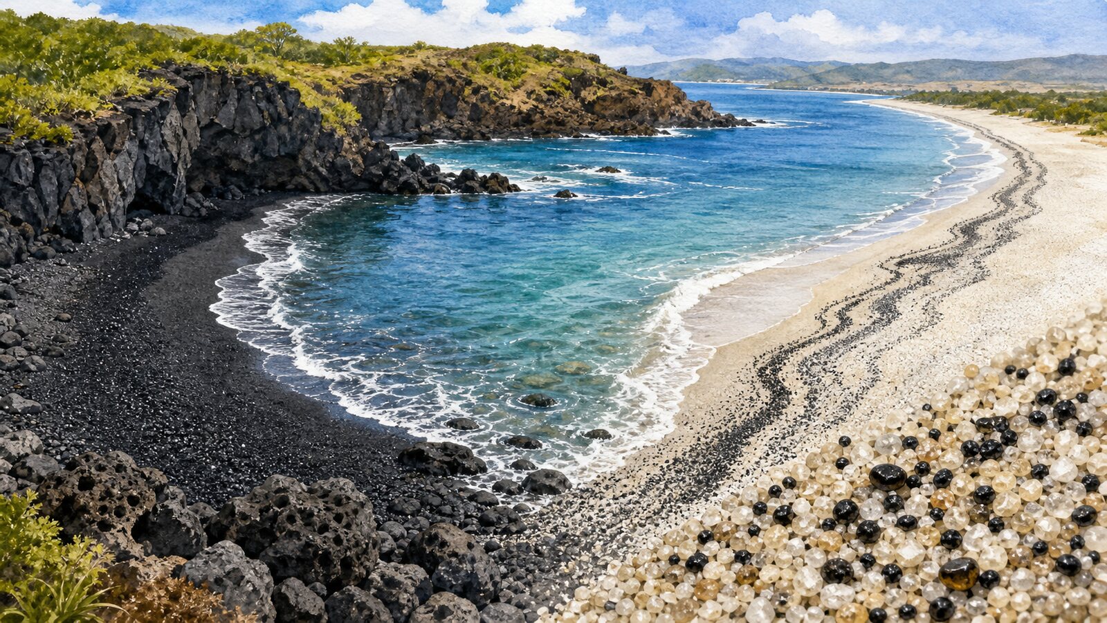 A black-sand cove below basalt cliffs beside a pale beach with wave-sorted dark heavy-mineral bands and enlarged light and dark grains
