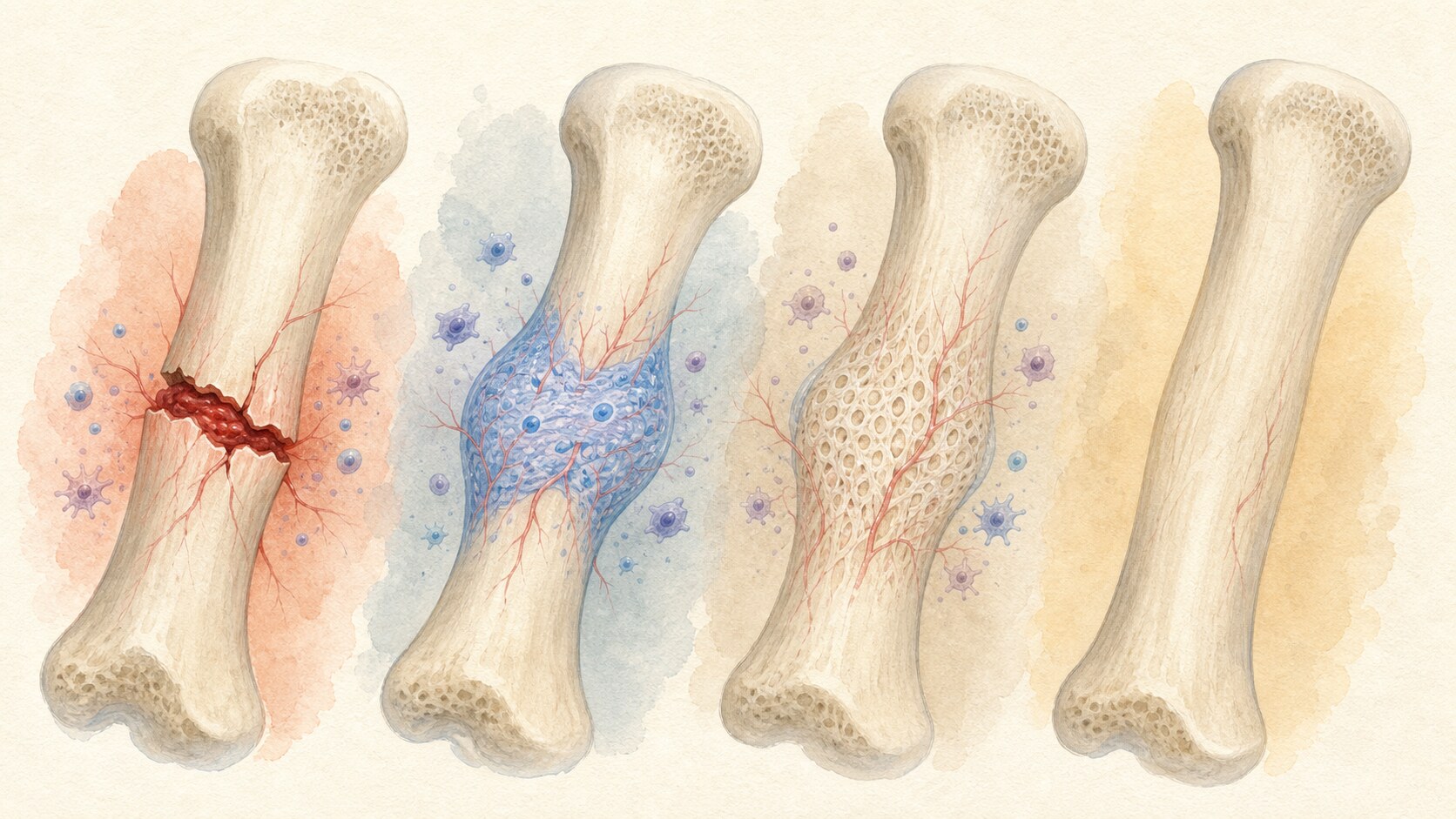 A fracture progressing through hematoma, soft callus, hard callus and final bone remodeling