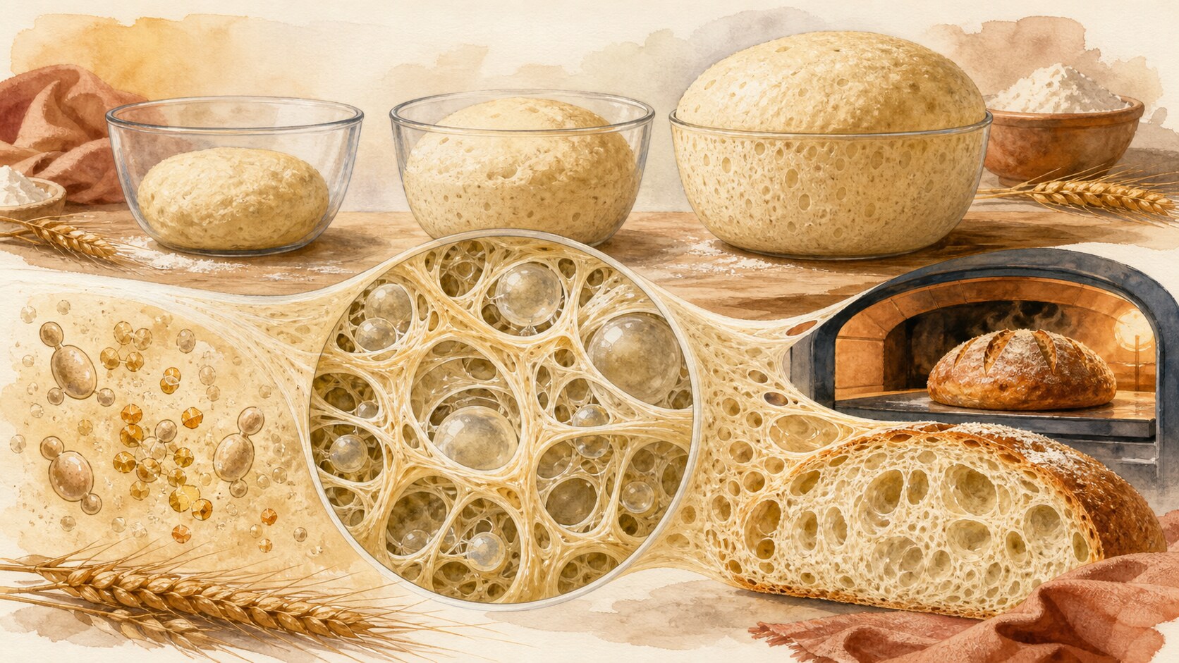A gluten network trapping yeast-produced gas bubbles as dough and bread expand