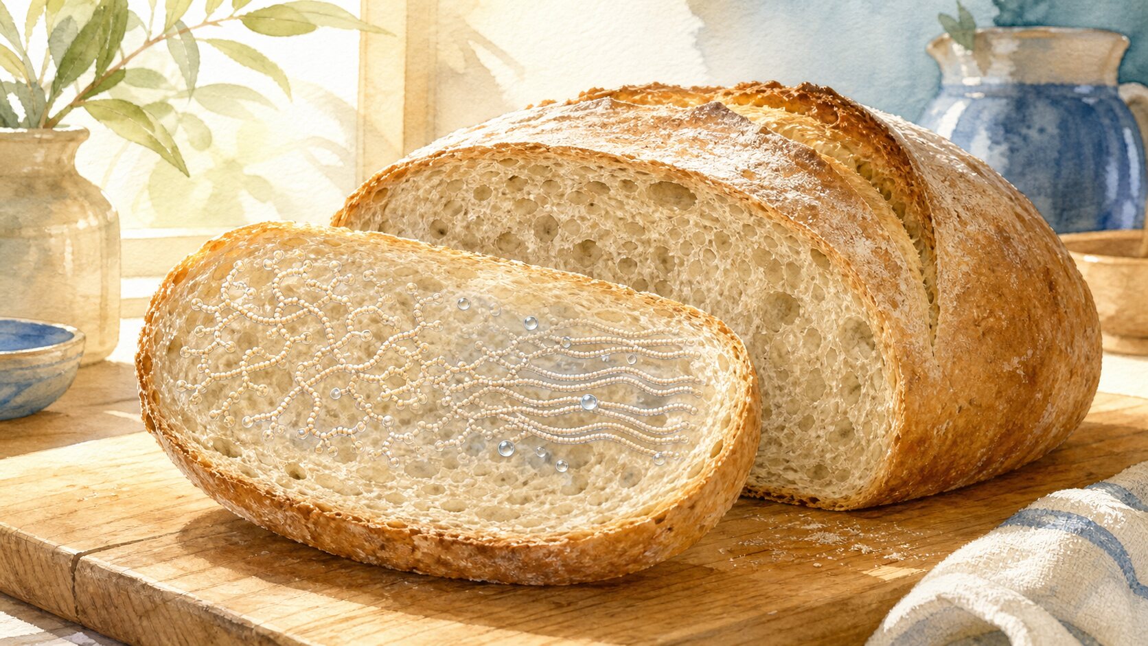 A sunlit loaf slice with a subtle integrated view of disordered starch chains gradually reassociating into ordered regions inside the crumb