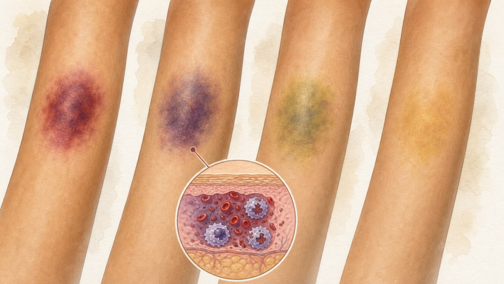 A bruise fading from red-purple through green and yellow stages