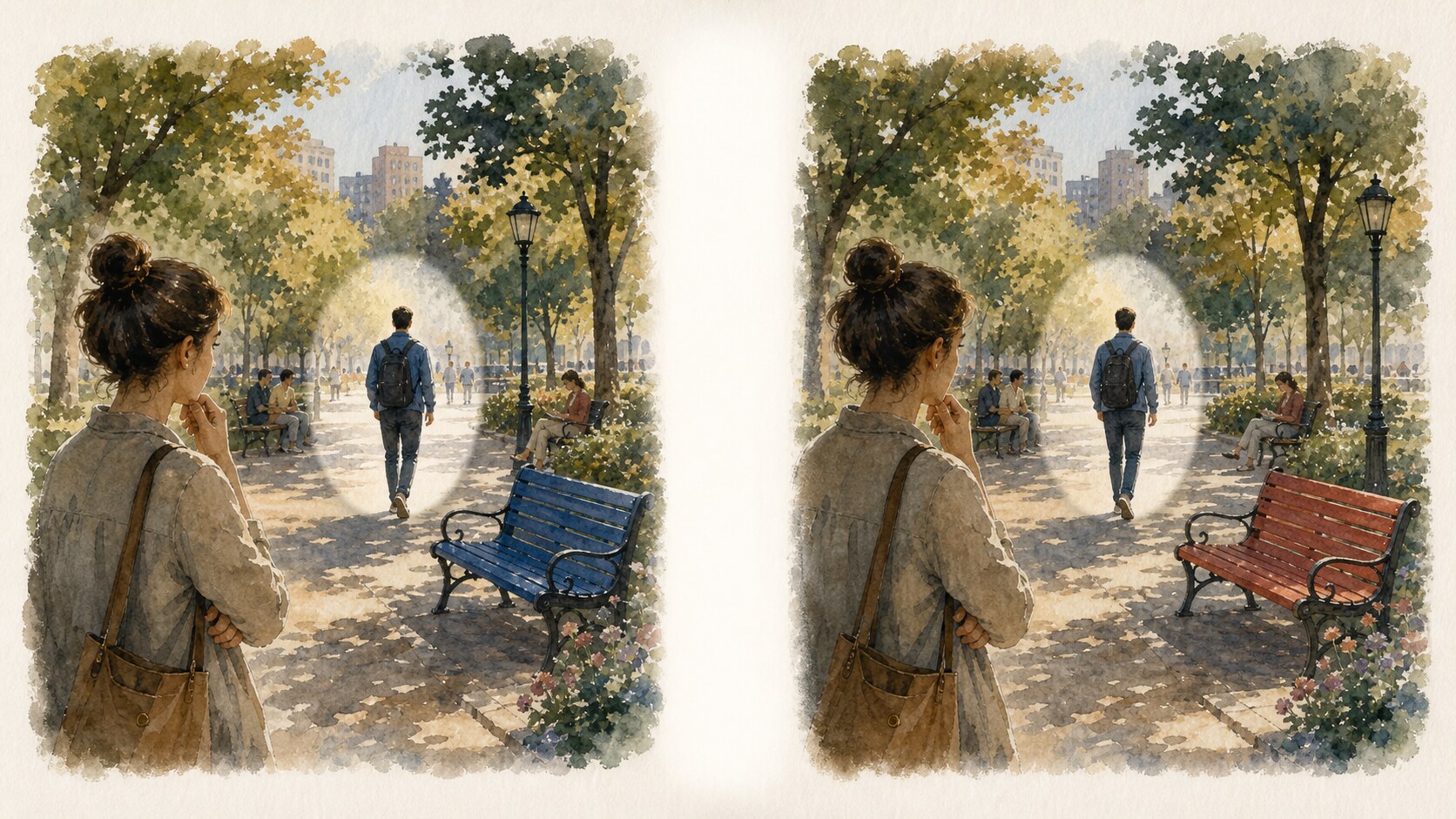 Two similar room scenes separated by a brief blank interval, with a major object change that is easy to overlook