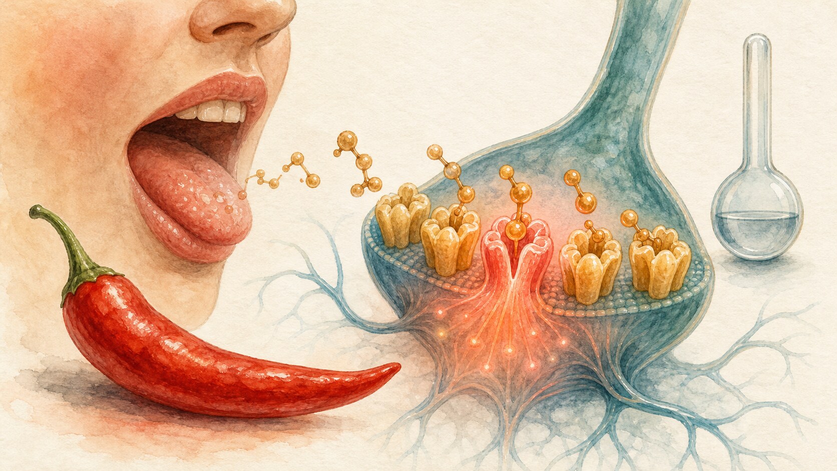 Capsaicin molecules from chili activating heat-sensitive channels on a sensory nerve
