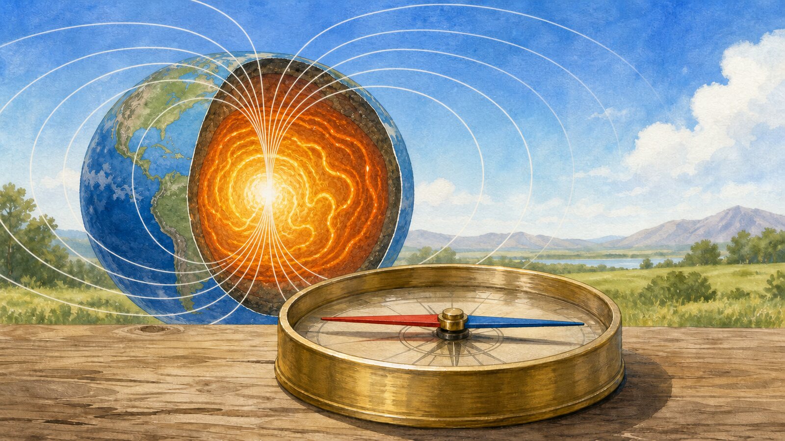 A pivoted compass needle before a cutaway Earth with flowing liquid outer core and curved magnetic-field lines