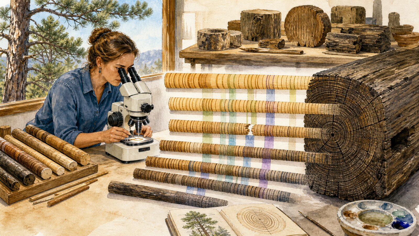 A researcher comparing cores from living trees and an old beam under a microscope as overlapping wide and narrow ring patterns align