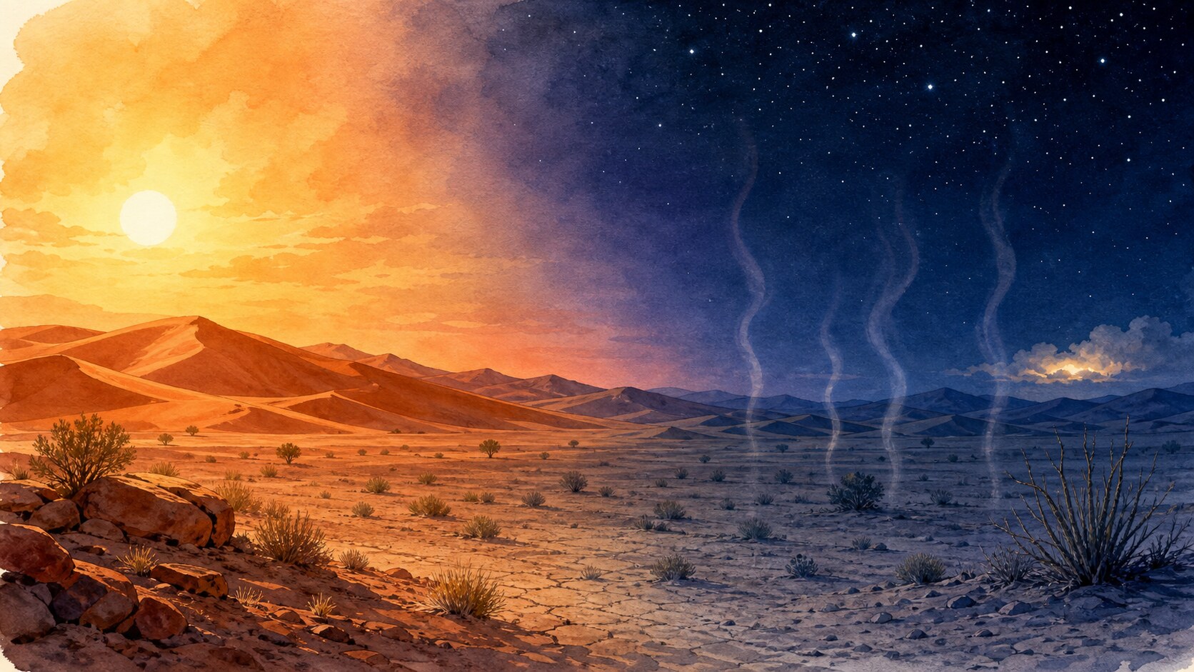 The same dry desert releasing heat as hot day transitions into a clear cool night