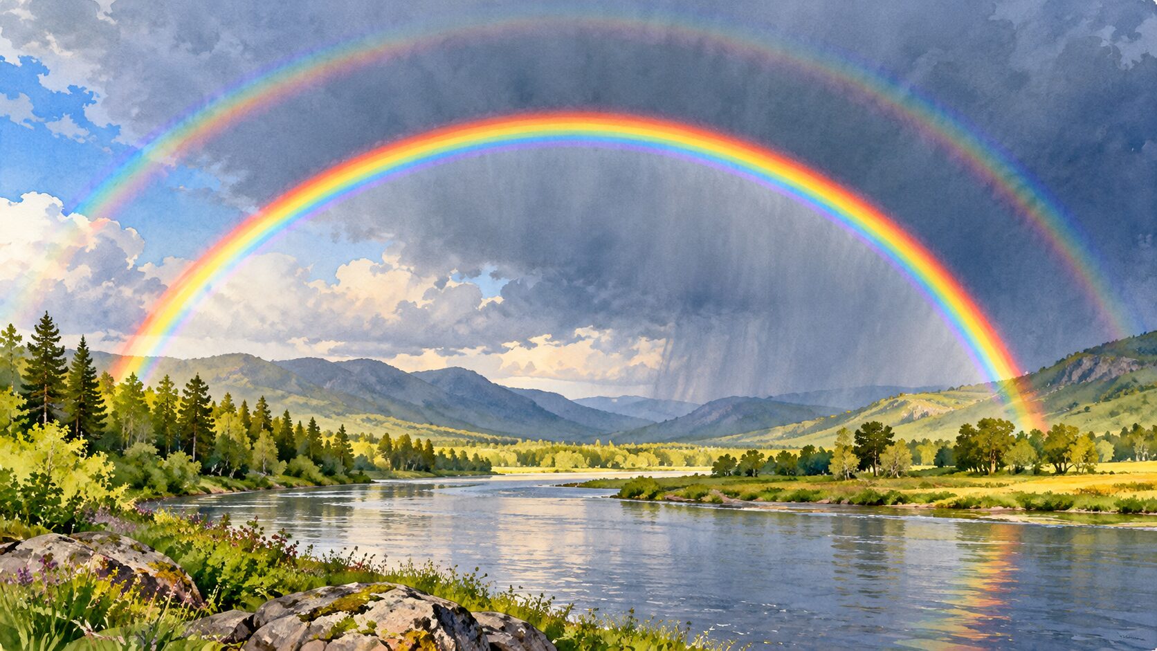 Landscape with a bright primary rainbow and a fainter outer rainbow with reversed colors