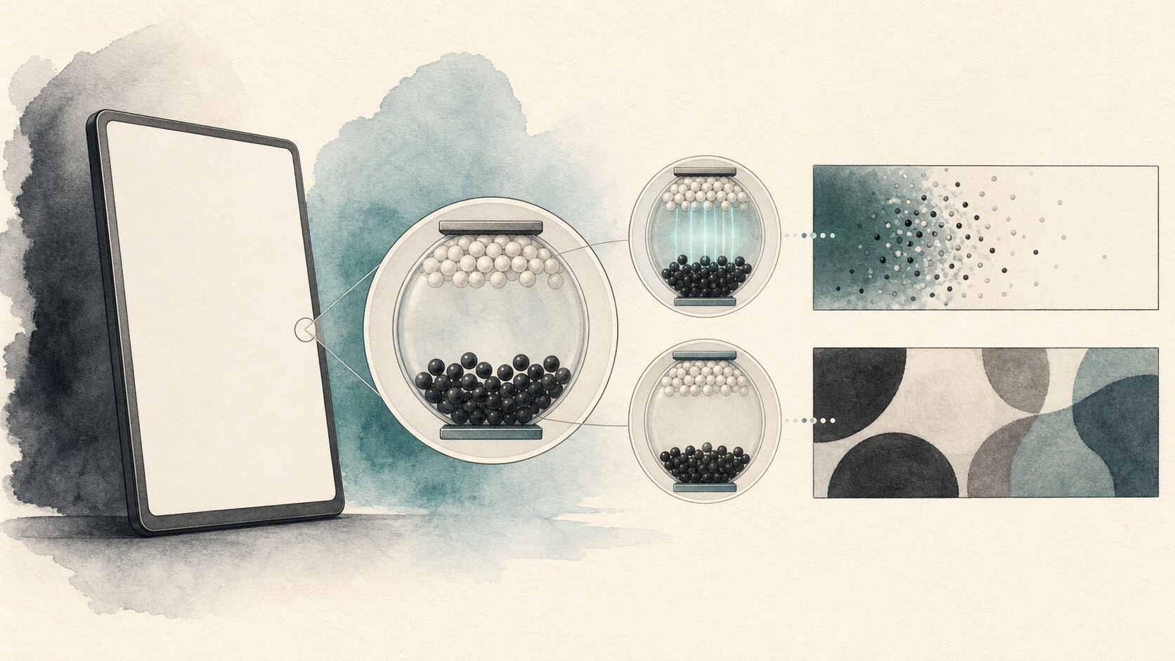 Charged black and white pigment particles moving up and down inside electronic-ink microcapsules under an electric field