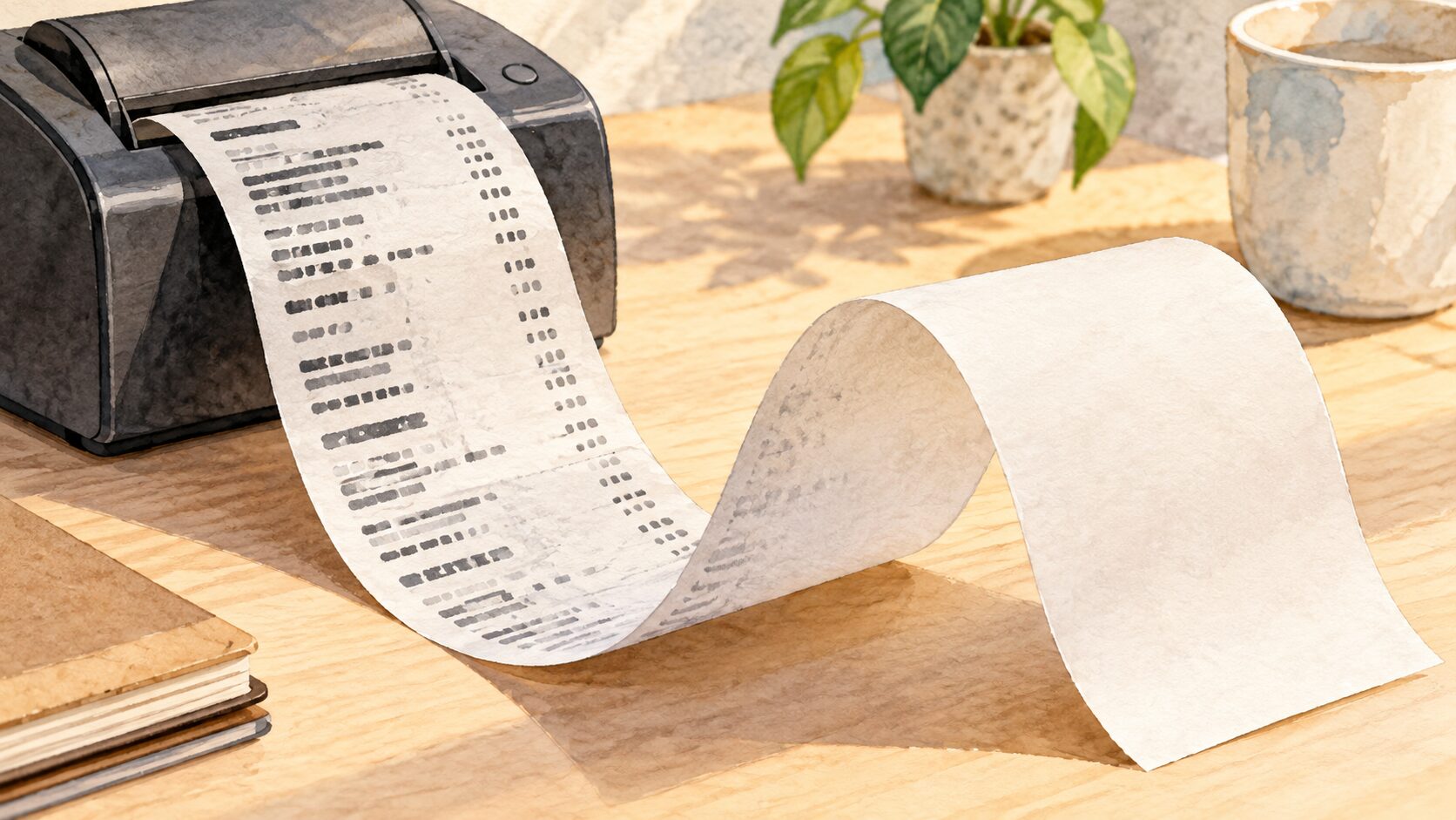 Watercolor thermal receipt curling from a printer, with its marks fading along the paper