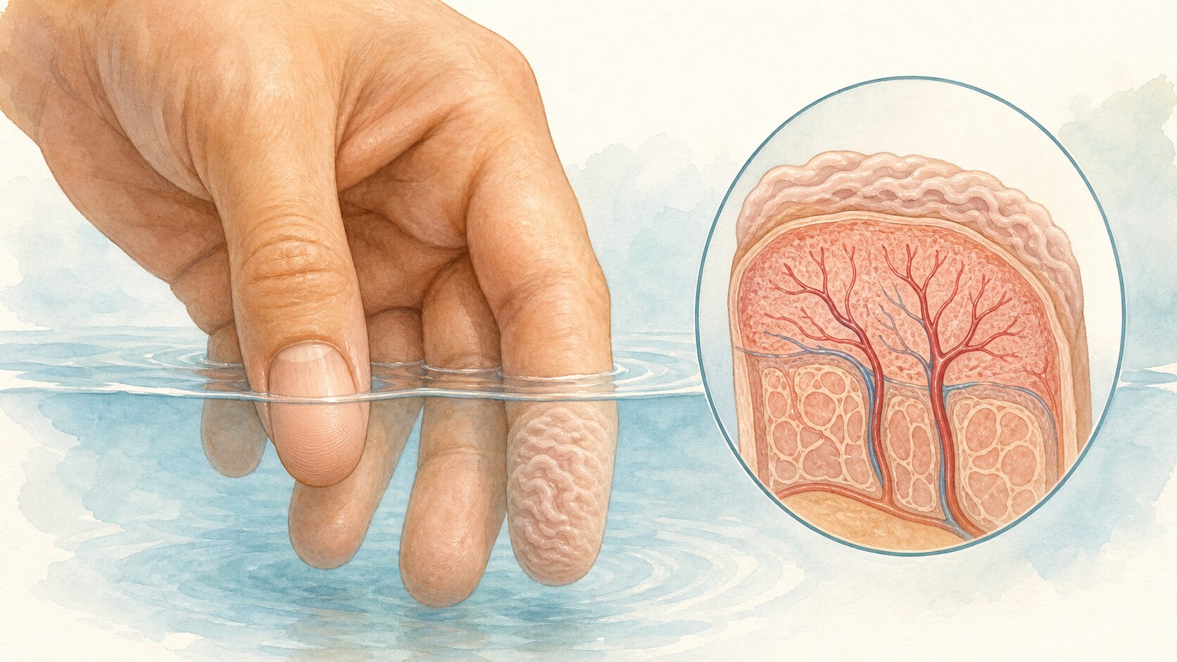 A water-wrinkled fingertip beside a cutaway showing constricted blood vessels