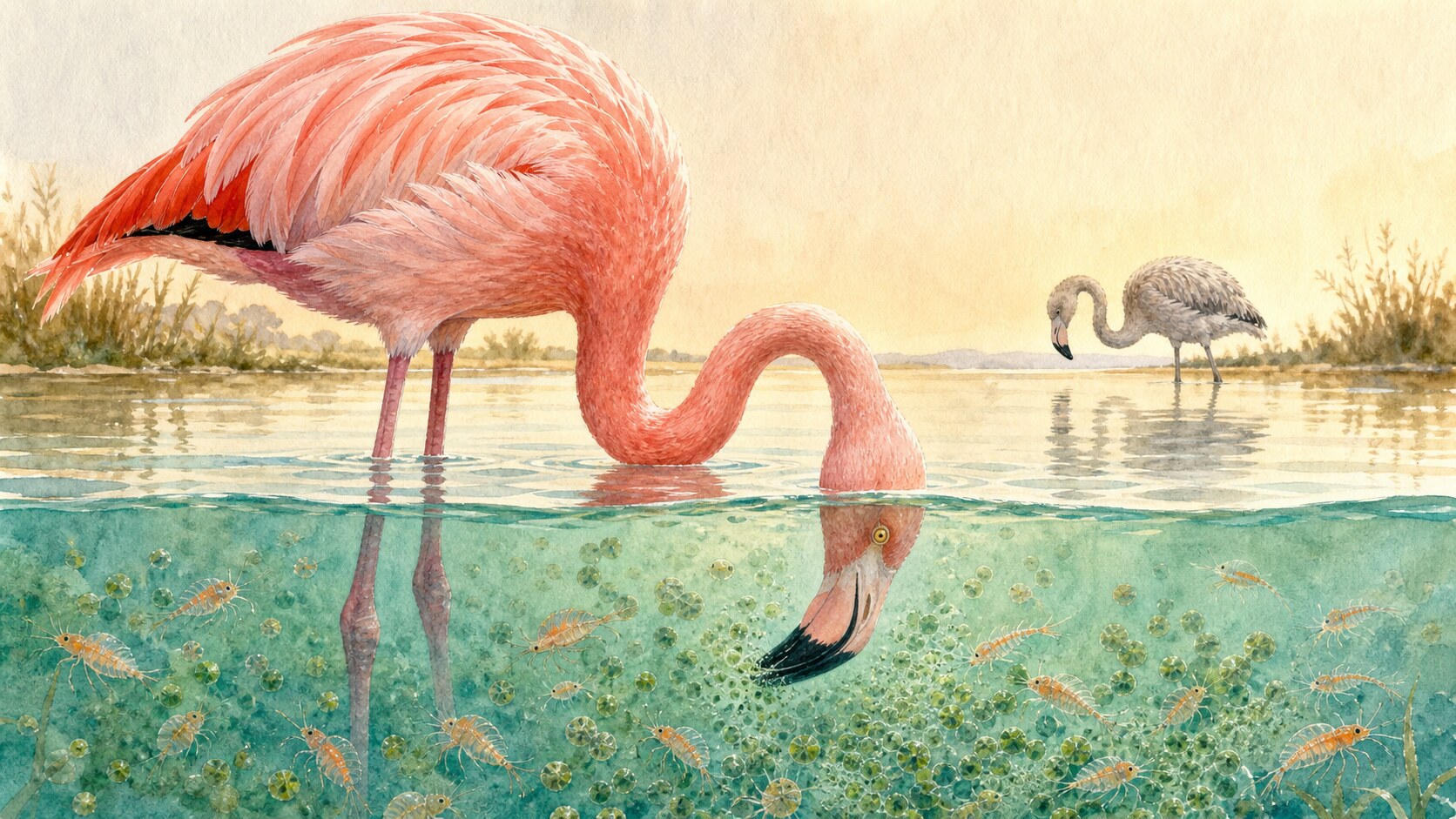 A pink flamingo filtering algae and small crustaceans beside a gray juvenile