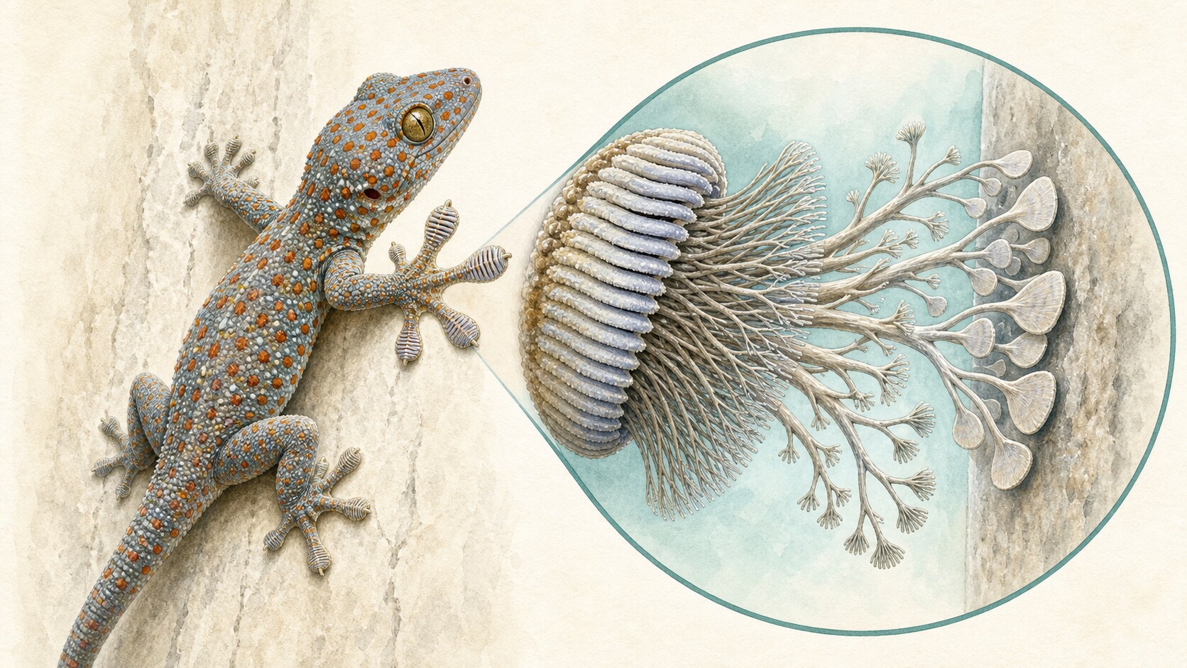 A gecko climbing a wall beside a magnified view of its microscopic toe hairs