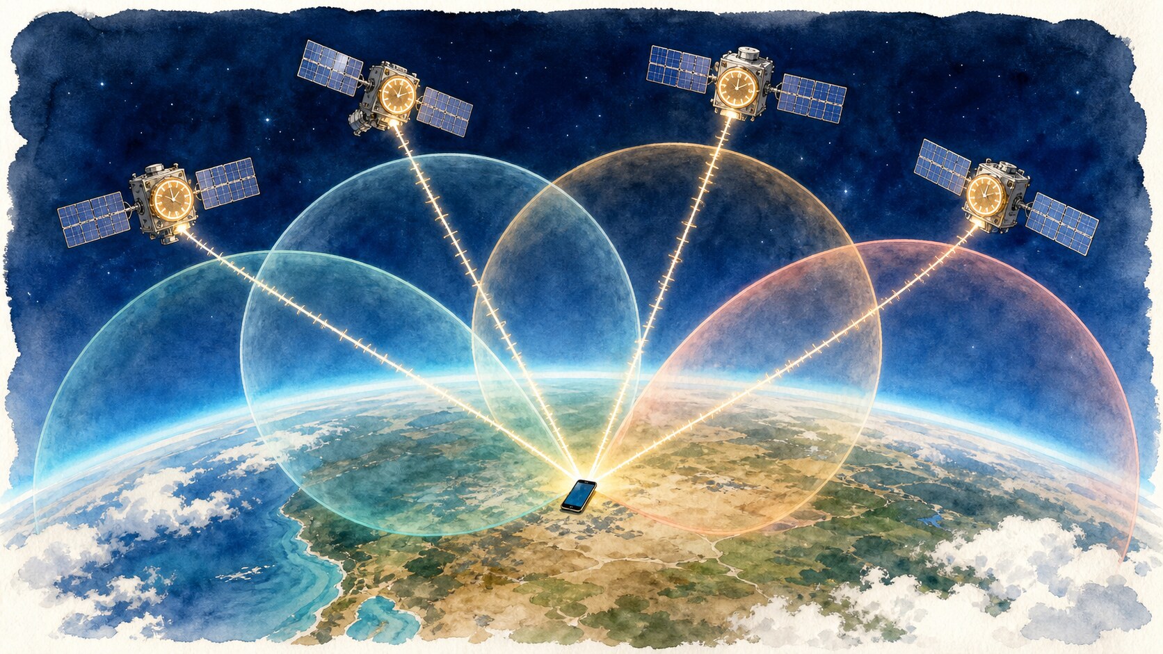 Distance ranges from four GPS satellites meeting at a phone on Earth