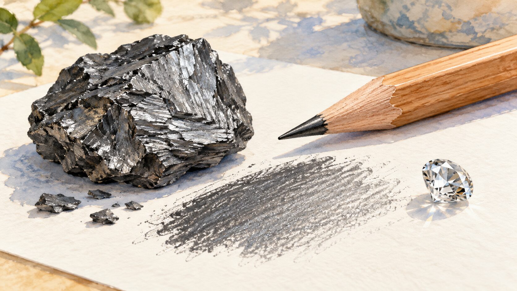 Watercolor comparison of a graphite mineral, a pencil mark, and a small faceted diamond