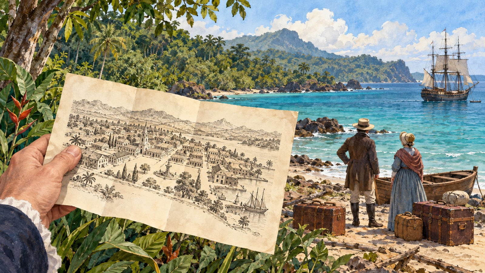 도시가 그려진 안내 그림 너머로 숲이 우거진 해안과 이민자들의 짐이 보이는 삽화