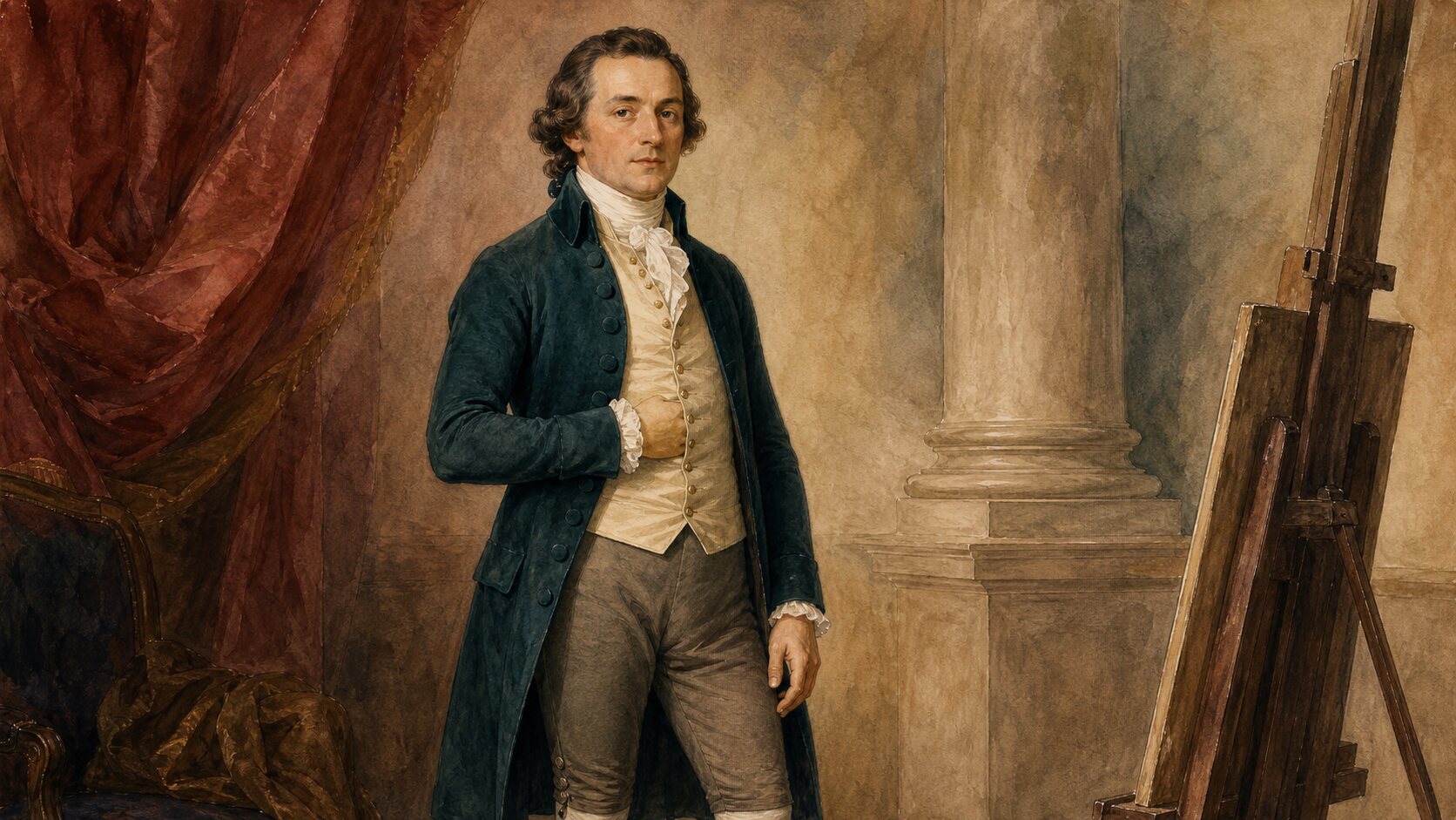 A watercolor late-eighteenth-century gentleman in a teal coat posing calmly in a studio with one hand tucked into his cream waistcoat
