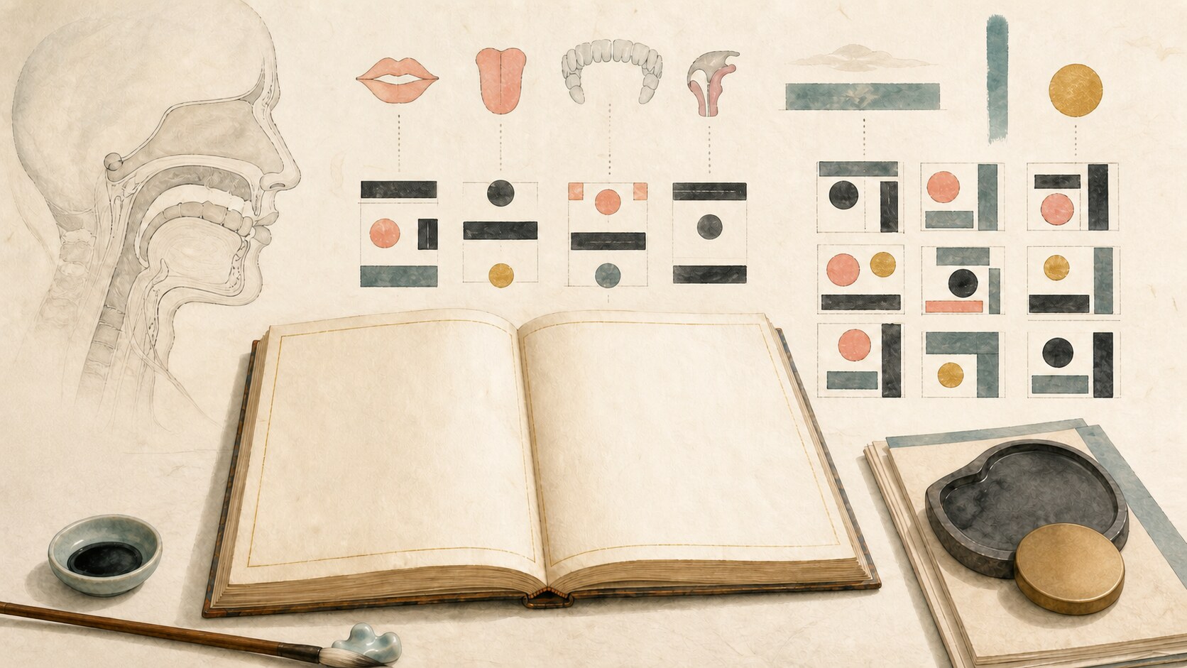 Speech organs and abstract lines and dots organized into square combinations inspired by Hangeul design