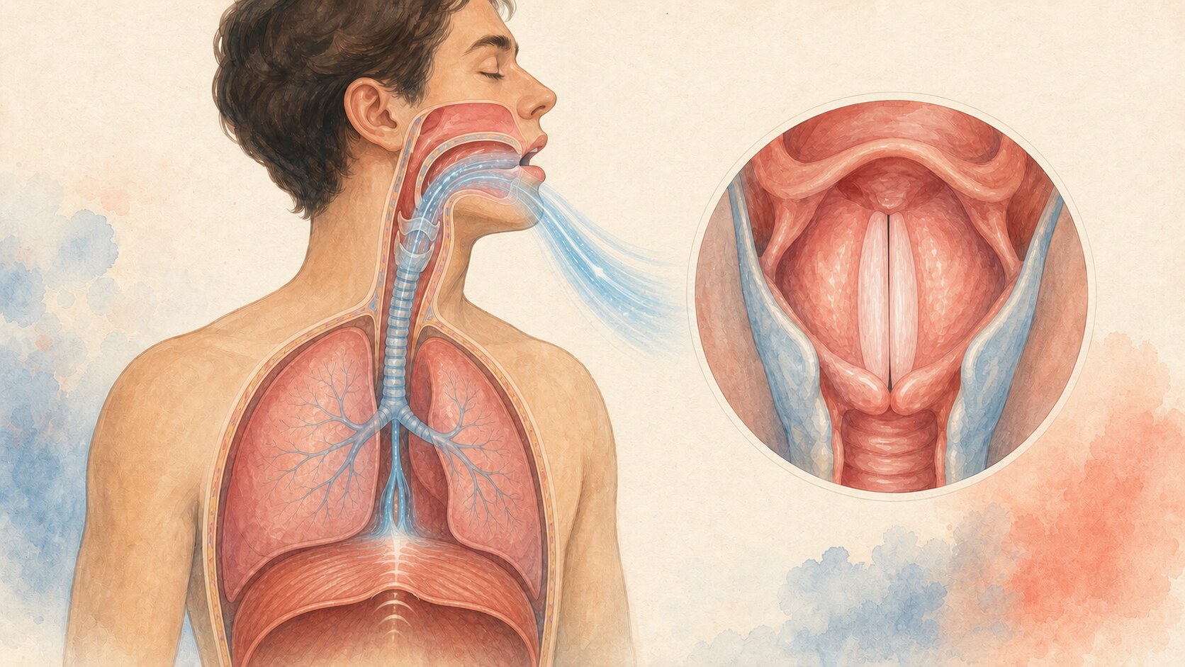Anatomical view of a diaphragm spasm followed by glottal closure interrupting inhalation