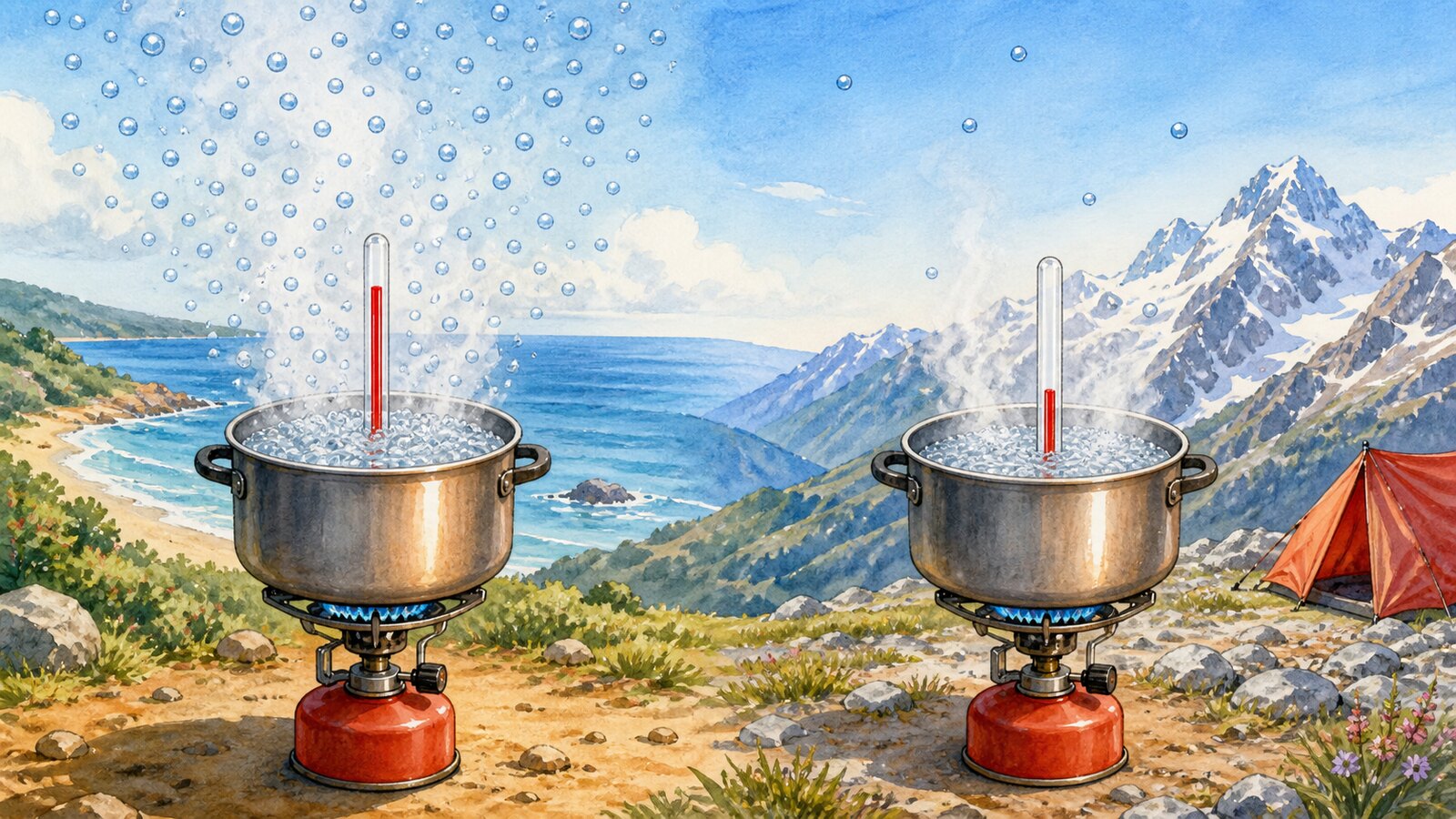해수면과 높은 산에서 끓는 두 냄비의 서로 다른 온도계 높이와 공기 밀도를 비교한 그림