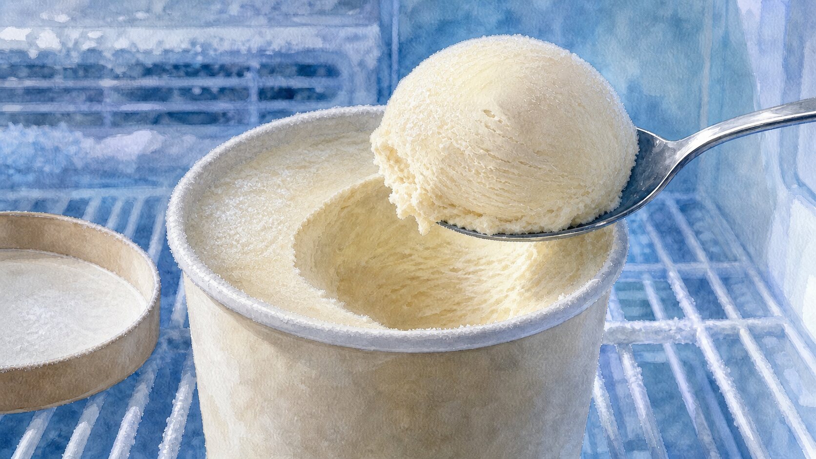 A watercolor spoon lifting vanilla ice cream from an unbranded freezer pint with a subtle coarse frost layer along the exposed surface