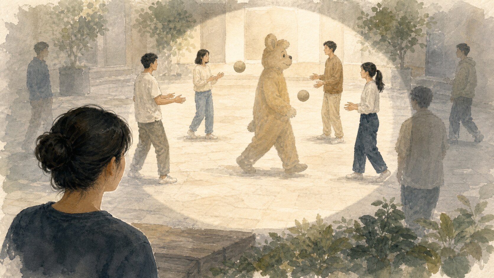 An observer focused on ball passes overlooking a costumed person crossing the center