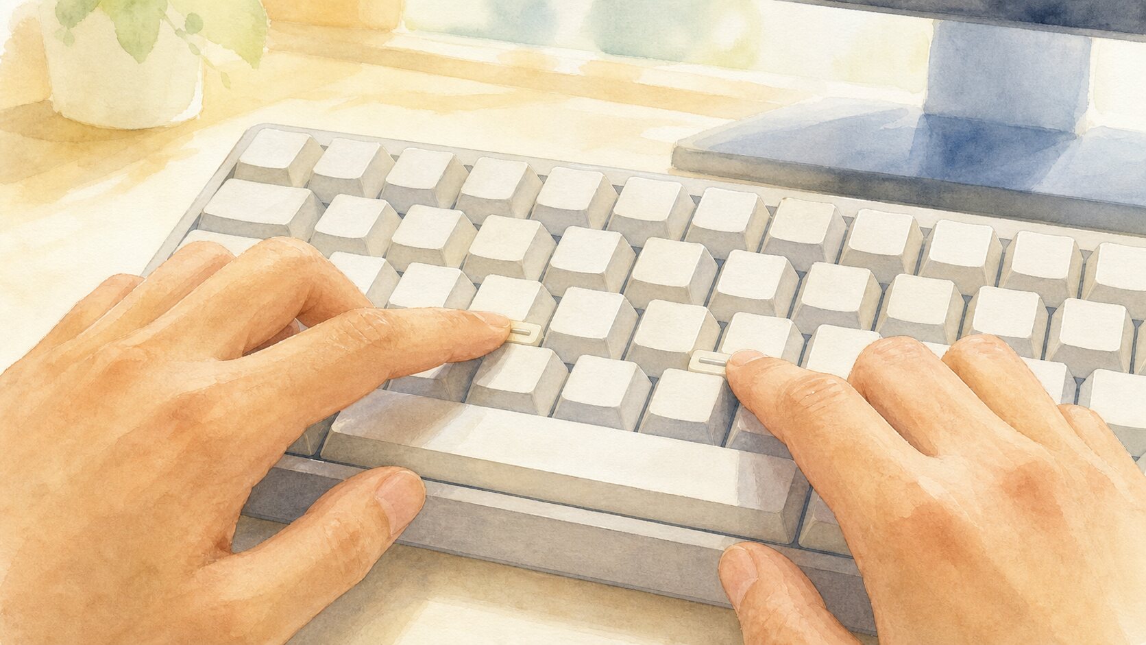 글자 없는 물리 키보드에서 두 검지가 홈열의 촉각 돌기를 찾는 수채화