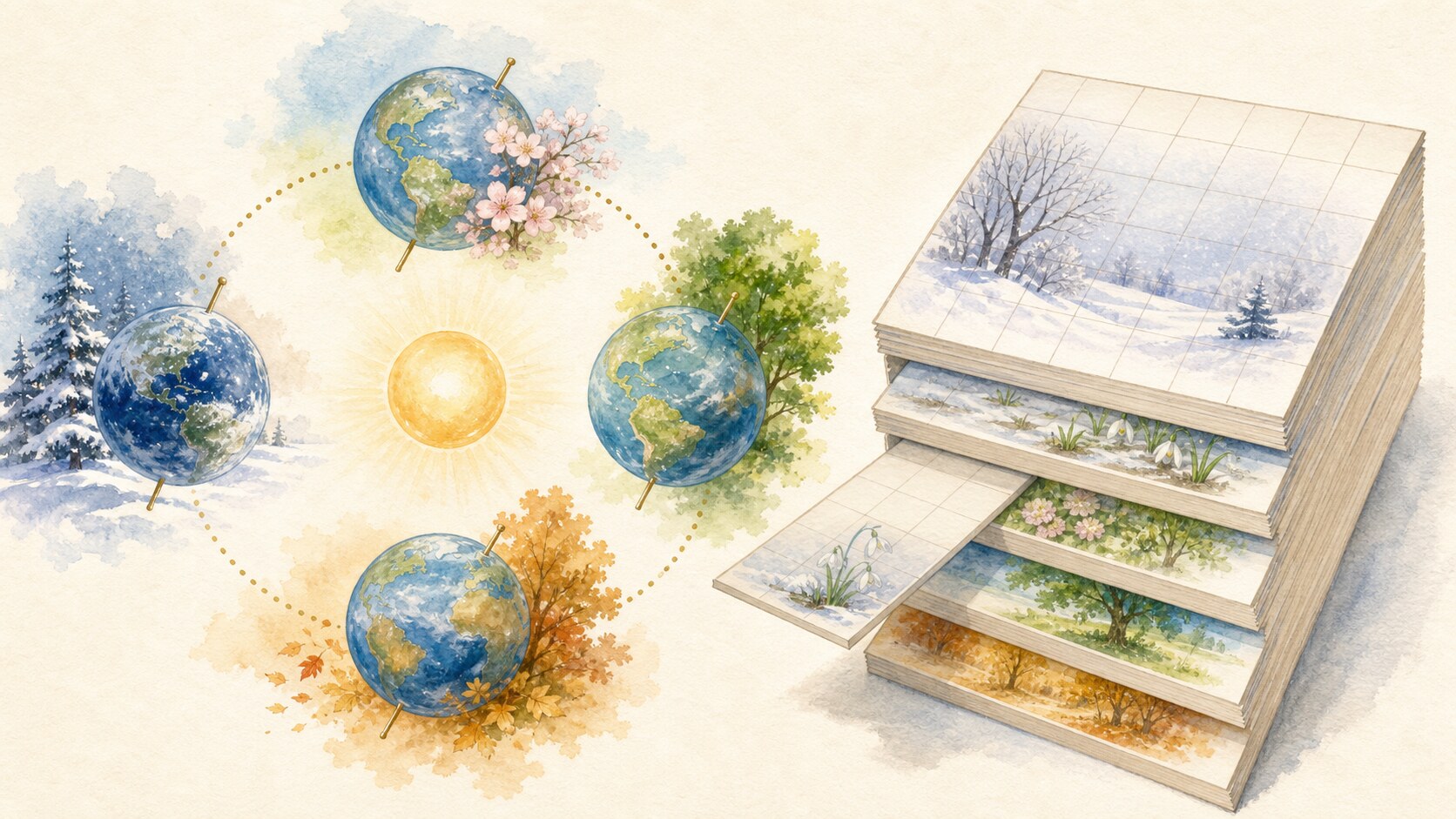 Earth's seasonal orbit beside a correction page inserted into a calendar