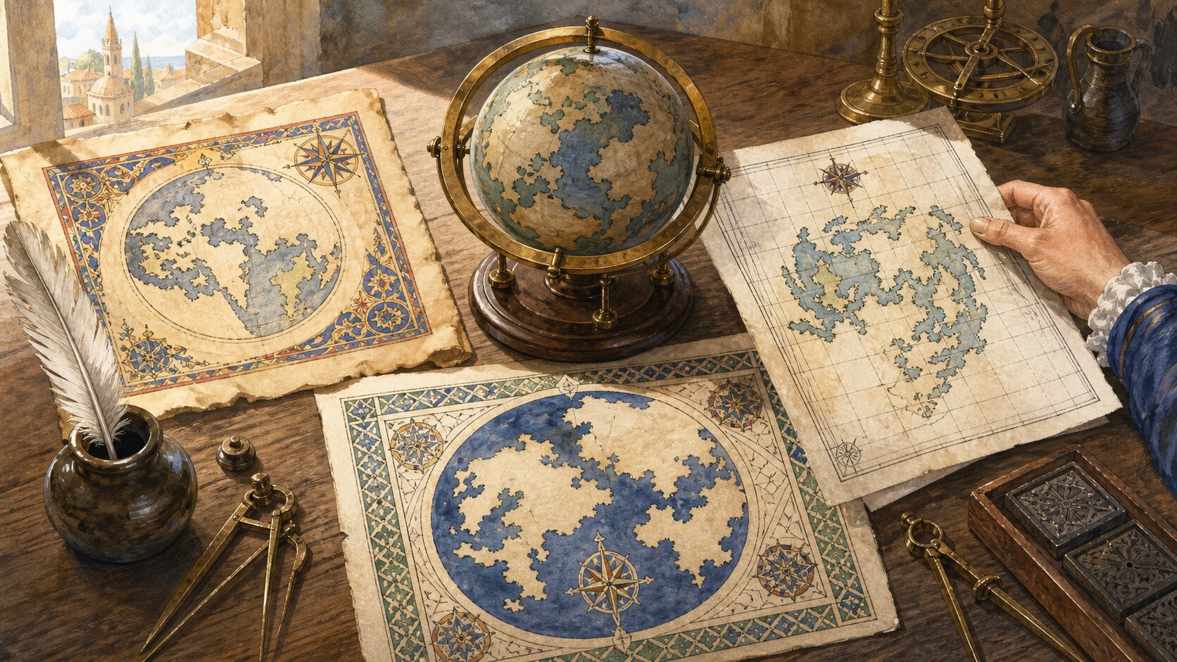 A rotatable globe surrounded by three historical map sheets that turn the same abstract coastline toward different page tops