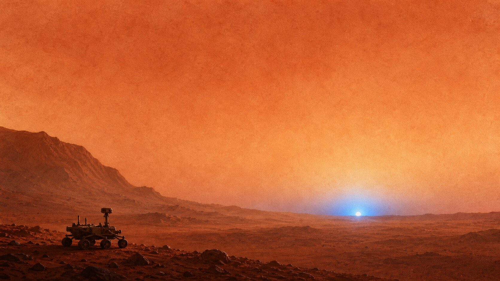 A blue halo concentrated around the setting Sun in Mars's red dusty sky
