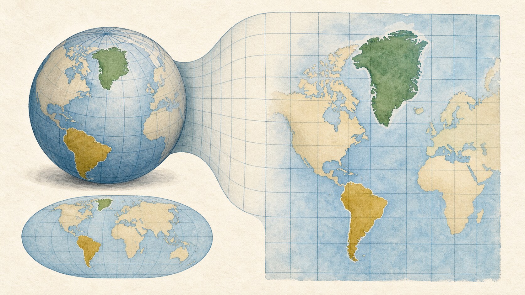 A globe unfolding into a flat Mercator grid that enlarges Greenland's apparent area