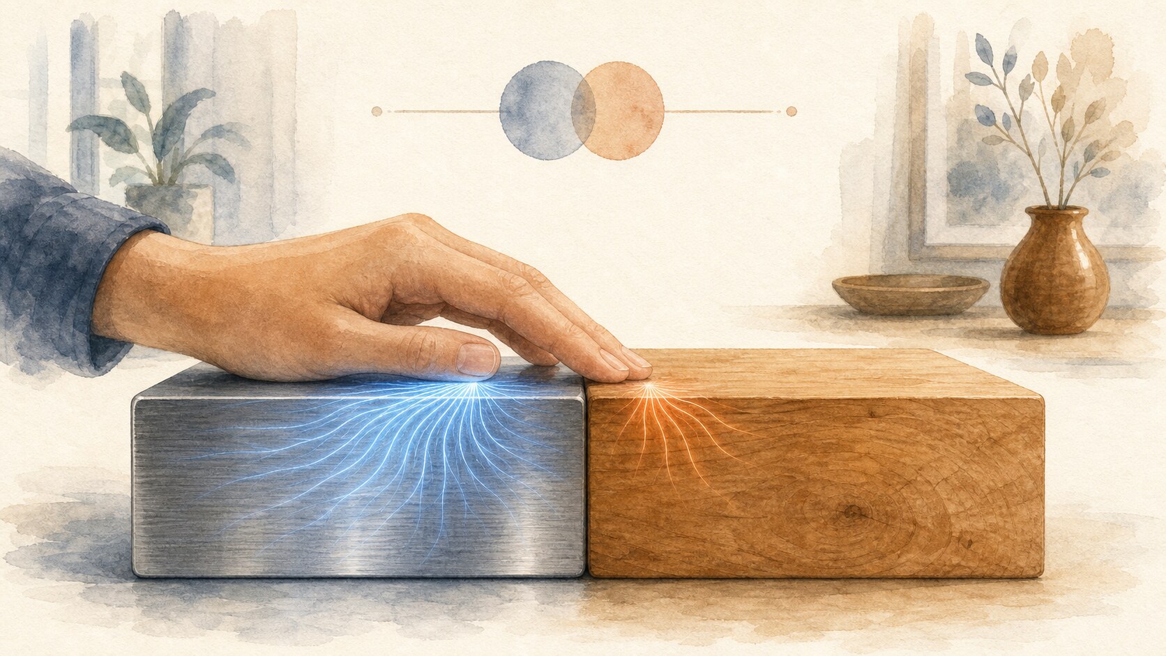 Heat leaving a hand at different rates into metal and wood in the same room