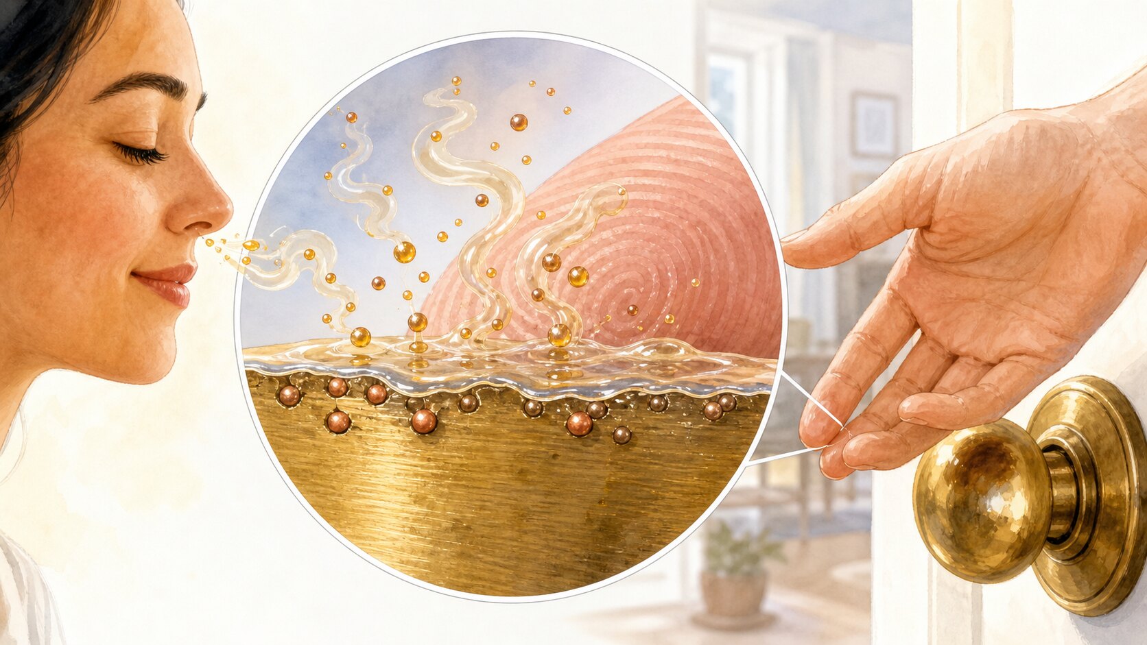 A hand releasing a brass doorknob with a magnified view of volatile droplets forming in the thin skin-oil film at the contact surface