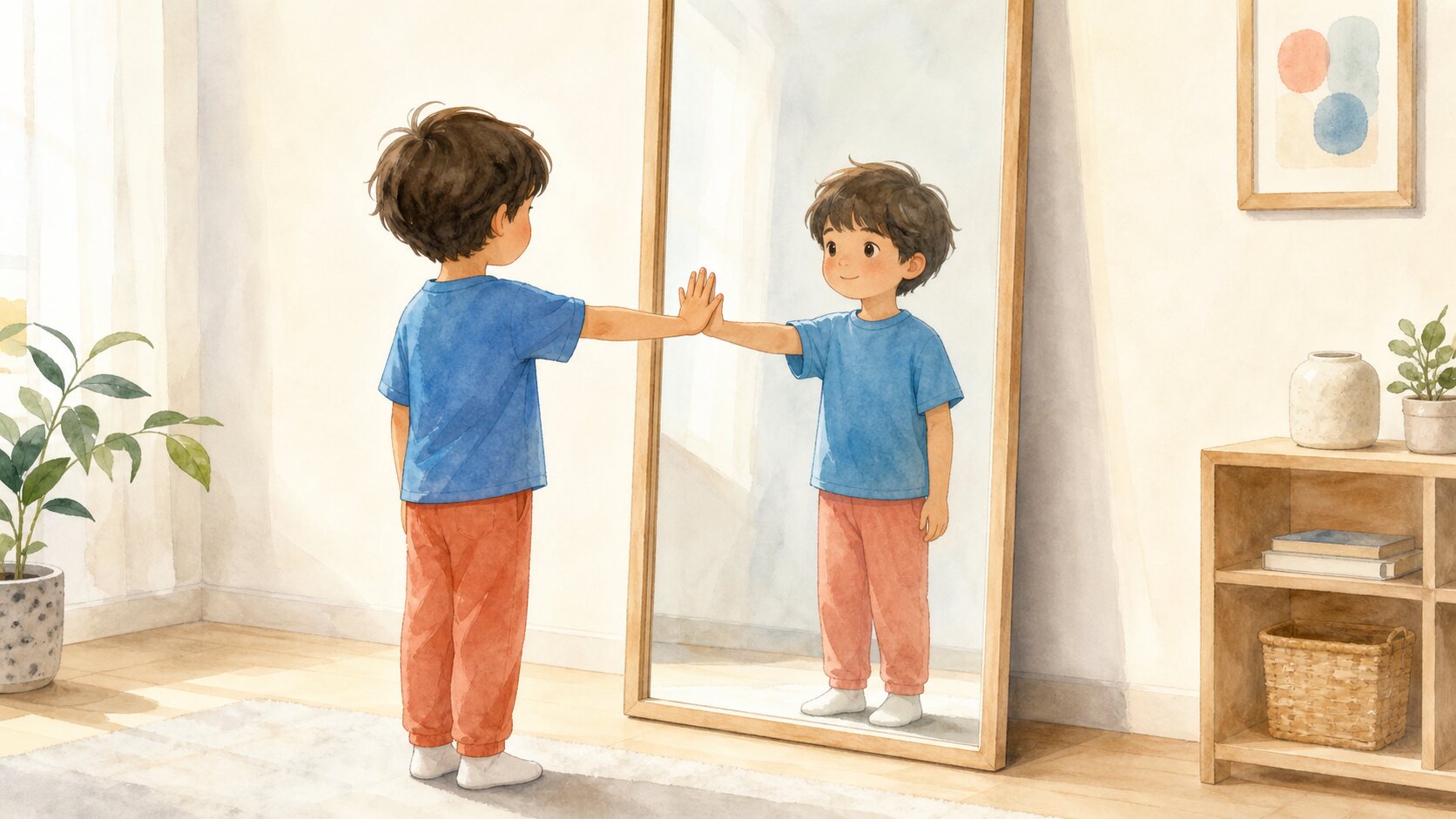 평면거울 앞에서 손을 거울 쪽으로 뻗은 아이와 물리적으로 대칭인 반사상을 보이는 수채화