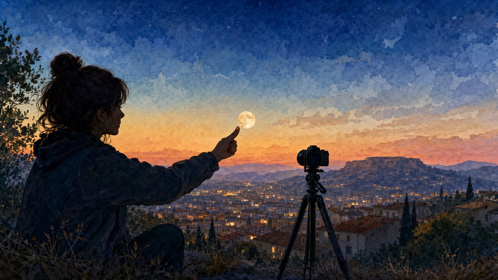 A twilight watercolor of an observer comparing a newly risen Moon with a fingernail above a distant city, with a camera on a tripod nearby