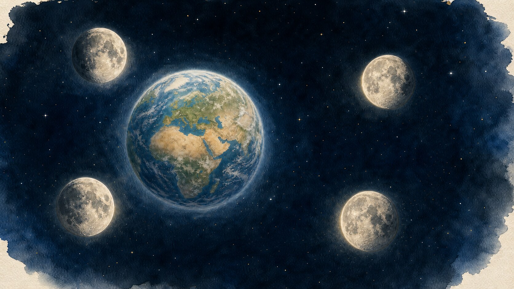 The Moon keeping the same face toward Earth at four orbital positions