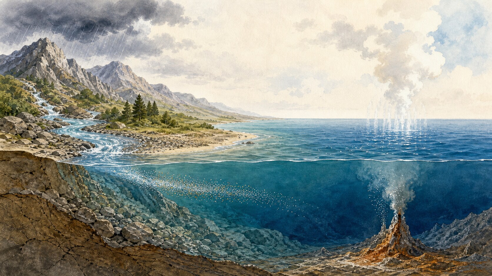 Rain and rivers carrying rock ions to the sea beside a hydrothermal vent