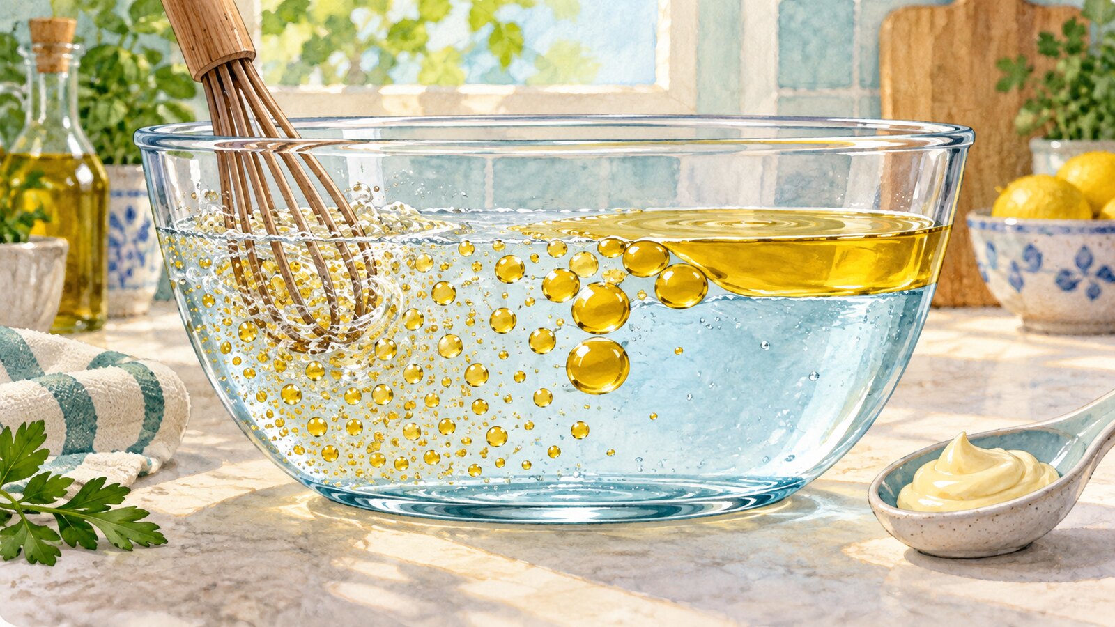 Small oil droplets dispersed in water gradually merging into a separate upper oil layer