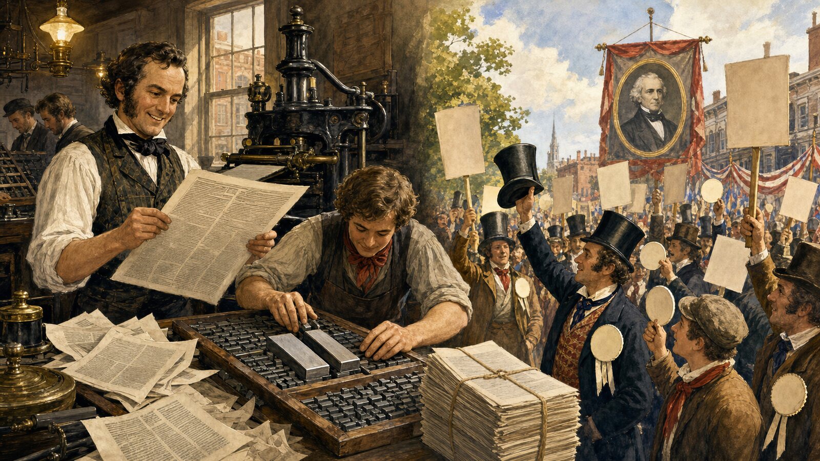 A historical panorama moving from an 1839 Boston newspaper pressroom to an 1840 presidential campaign gathering