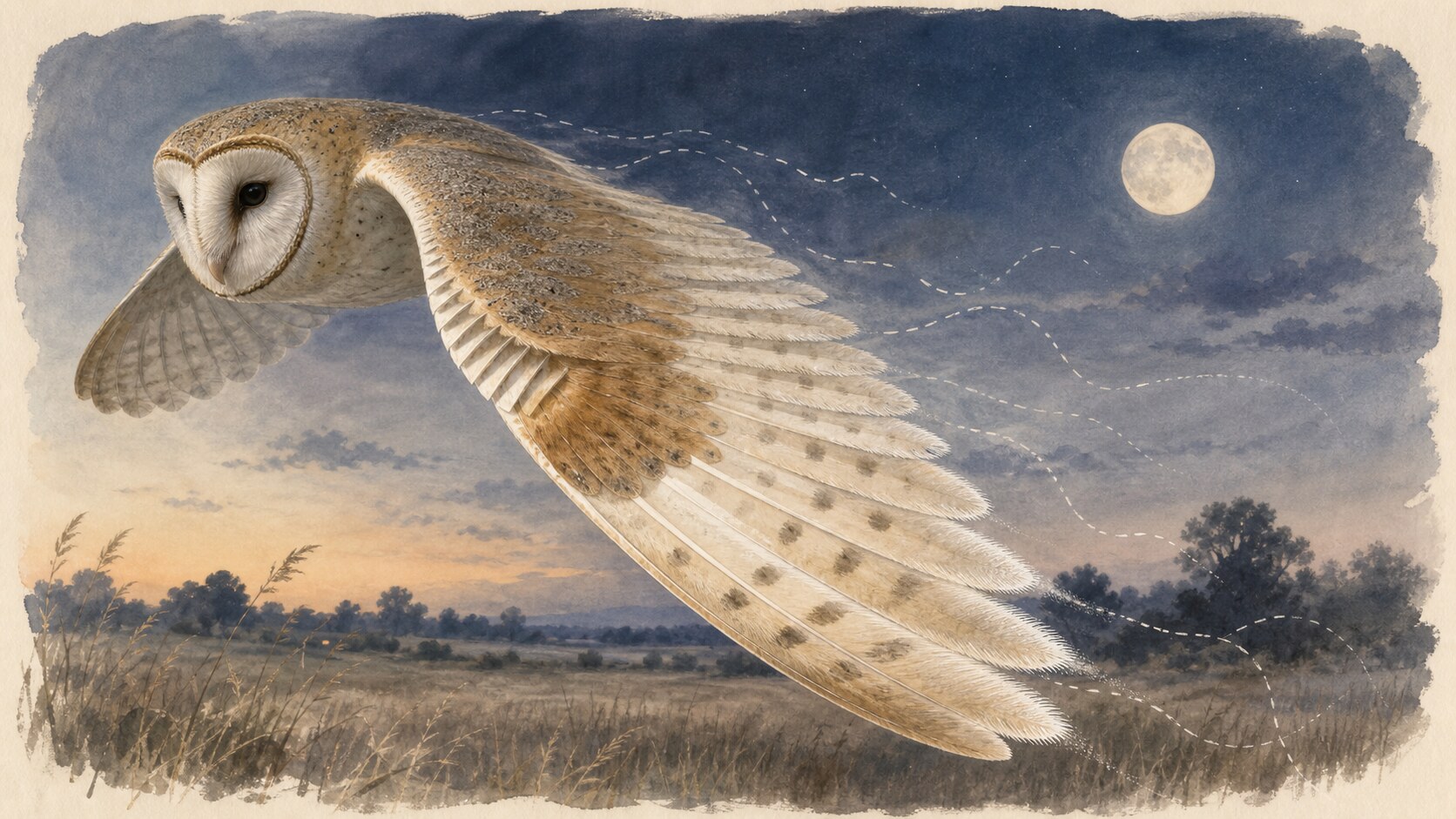 An owl gliding at night with comb-like leading edges and fringed trailing feathers