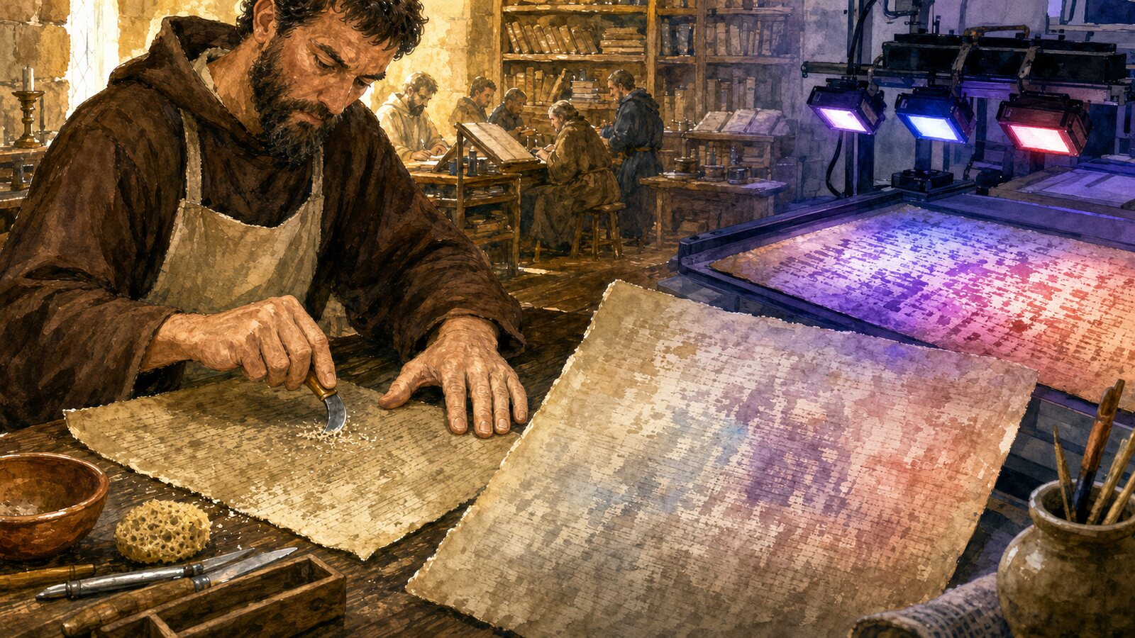 A medieval scribe scraping old ink from parchment beside a modern multispectral setup revealing traces of underwriting with several colors of light