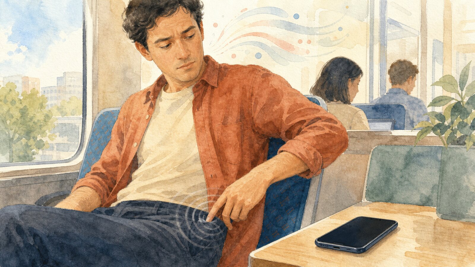 A person checks a faint sensation at a trouser pocket while the actual phone lies still on a nearby table