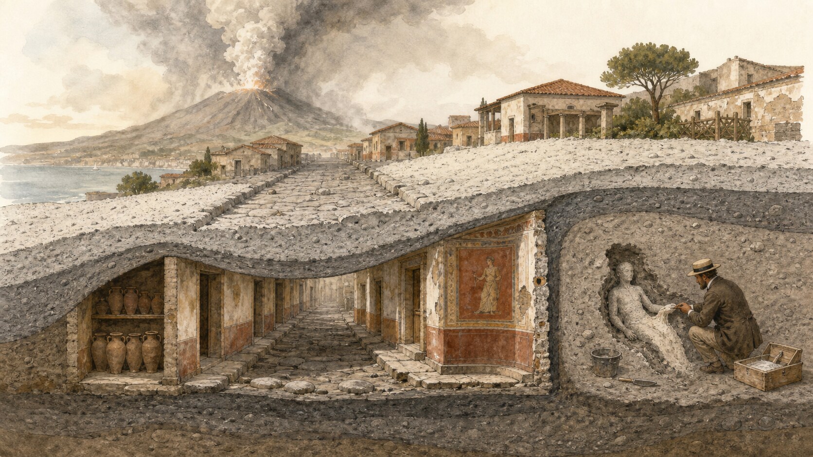 A Pompeian street buried under Vesuvius ash and pumice beside the process of filling a body-shaped void with plaster