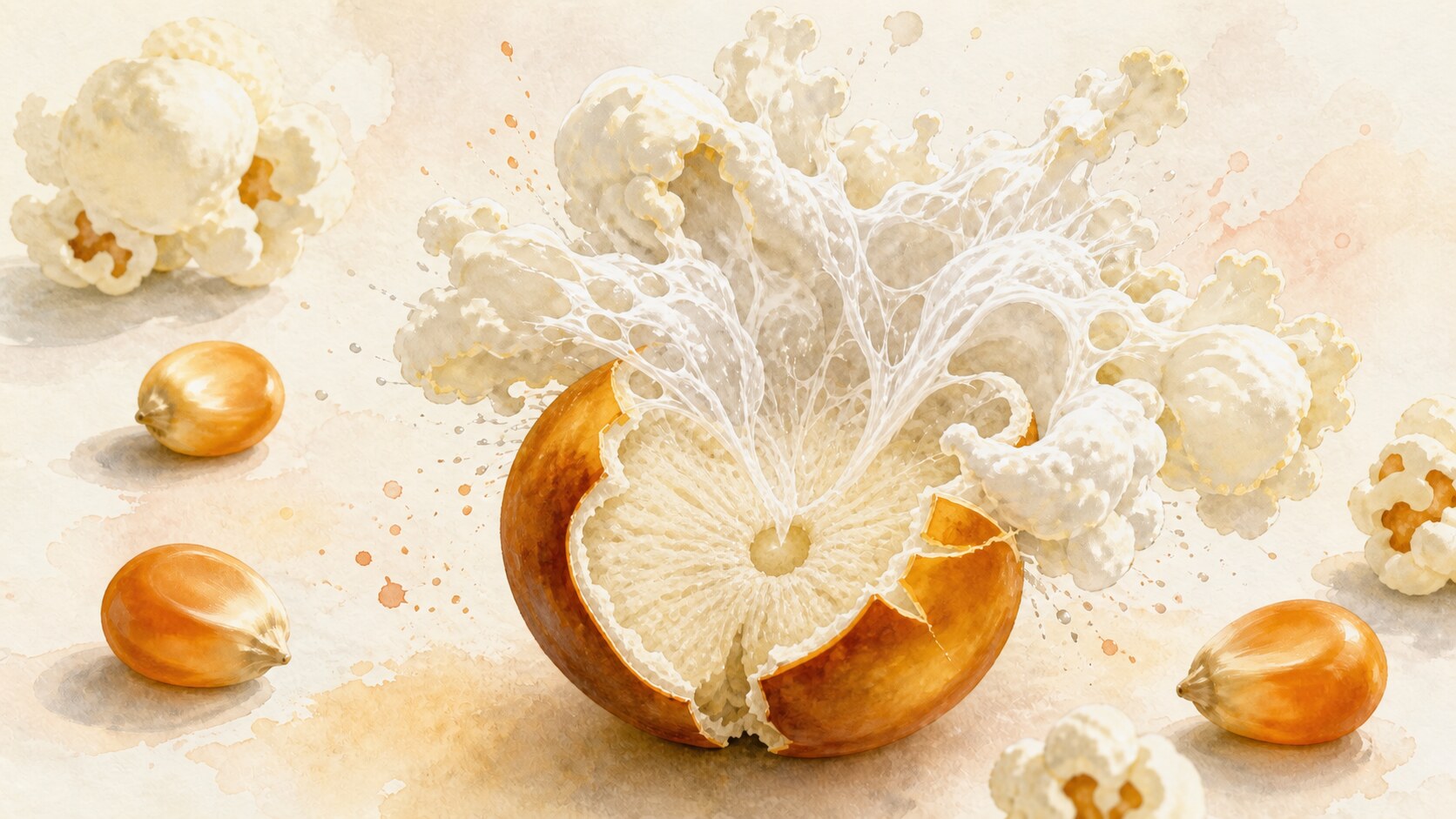 A popcorn kernel splitting as steam pressure expands its starch