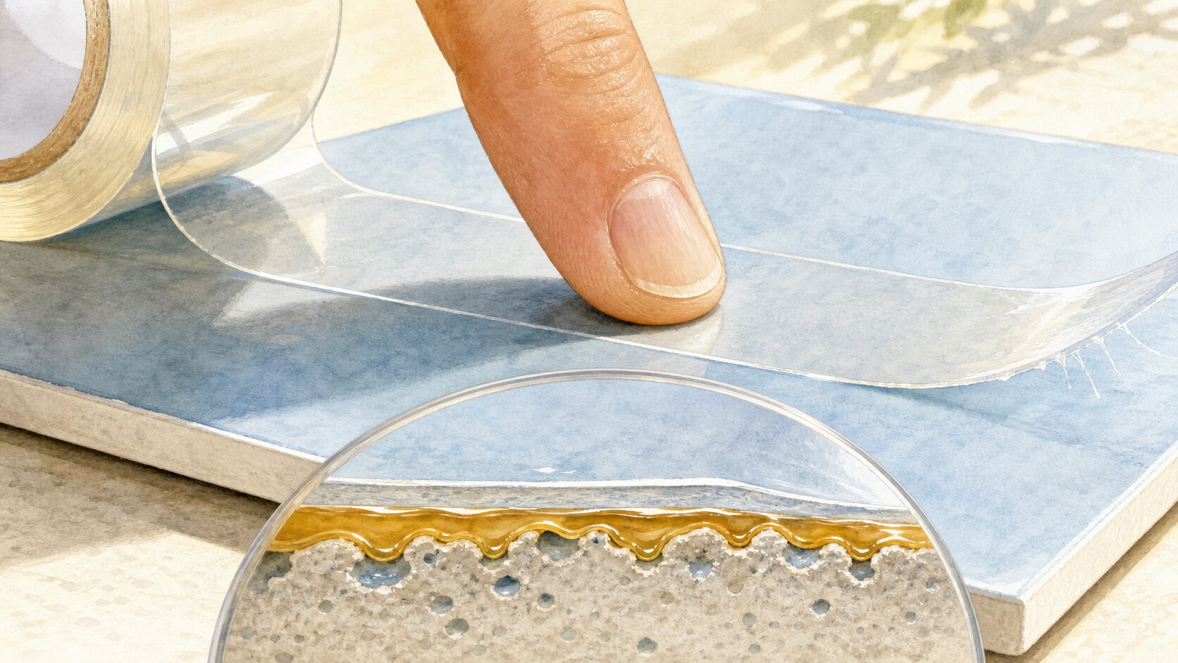 A fingertip pressing clear tape while an enlarged cutaway shows the amber adhesive layer conforming into microscopic surface valleys